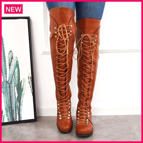 Flat Knee High Boots Lace Up Riding Boots PU Leather 22.4" Shaft - Picture 3 of 8